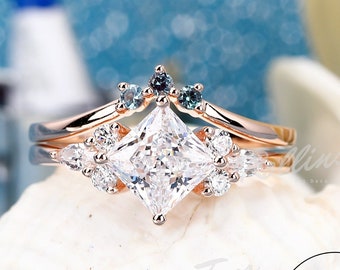Alexandrite Ring Princess Cut Natural Bridal Sets Ring Simulated Diamond Ring 925 sterling silver Promise Ring Anniversary Band Wedding Ring