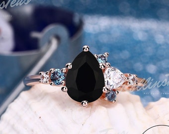 Pear Cut Natural Black Onyx Ring Alexandrite Ring Promise Ring 925 Sterling Silver Simulated Ring Anniversary Ring Wedding Ring Gift For Her
