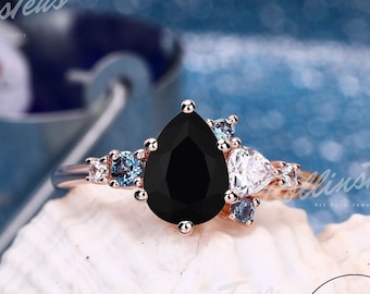 Pear Cut Natural Black Onyx Ring Alexandrite Ring Promise Ring 925 Sterling Silver Simulated Ring Anniversary Ring Wedding Ring Gift For Her