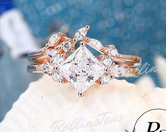 Solid Gold Bridal Set, Princess Cut Moissanite Engagement Ring Set, Nature Inspired Leaf Gold Wedding Set, Anniversary Gifts For Women