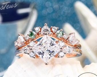 Vintage Solid Gold Handmade Jewellry, Princess Shape Moissanite Engagement Ring Set, Promise Ring For Wife, Art Deco Anniversary Gifts