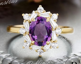 Purple Birthstone Solid Gold Wedding Jewellry, Oval Shape Natural Amethyst Promise Ring, Moissanite Halo Bridal Ring, Art Deco Handmade Ring