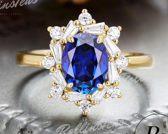 Oval Cut Blue Sapphire Engagement Ring, 14K Solid Gold Handmade Jewellry, Moissanite Halo Wedding Ring, Art Deco Promise Ring For Her