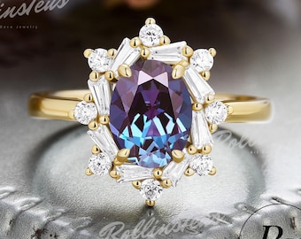 Unique Change Color Stone Bridal Ring, Oval Cut Lab Alexandrite Engagement Ring, Moissanite Halo Wedding Ring, Anniversary Gifts For Women