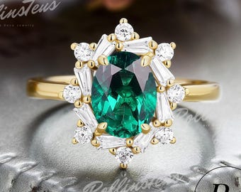 Vintage May Birthstone Solid Gold Wedding Ring, Oval Cut Emerald Promise Ring, Moissanite Halo Handmade Jewellry, Anniversary Gifts For Her