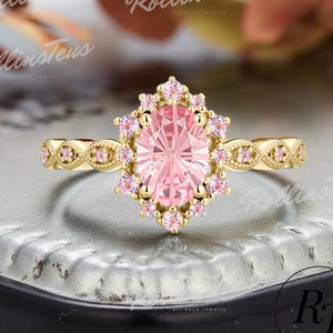 Oval shape Firework cut lab pink sapphire wedding ring Unique pink sapphire halo bridal ring Solid gold engagement ring Anniversary gifts