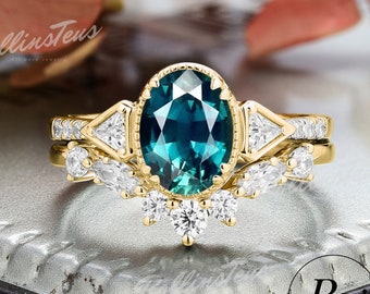 Vintage Teal Sapphire verlovingsring sets ovale vorm Moissanite cluster trouwring verjaardag geschenken handgemaakte ring bijpassende band