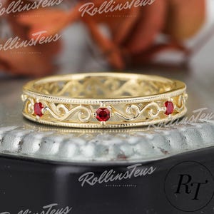 Unique pierre de naissance de juillet, vintage, conception hurlante, alliance, rubis rouge, bague de mariée, cadeau d'anniversaire, bague faite main pour unisexe, bague Art déco