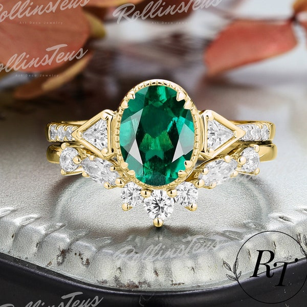 Oval Shape Green Emerald Bridal Sets Moissanite Cluster Wedding Band Solid Yellow Gold Engagement Ring Sets Anniversary Gifts Handmade Ring