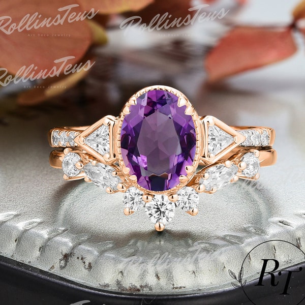 Oval Shape Natural Amethyst Engagement Ring Sets Solid Rose Gold Bridal Sets Moissanite Cluster Ring Purple Gemstone Ring Handmade Ring