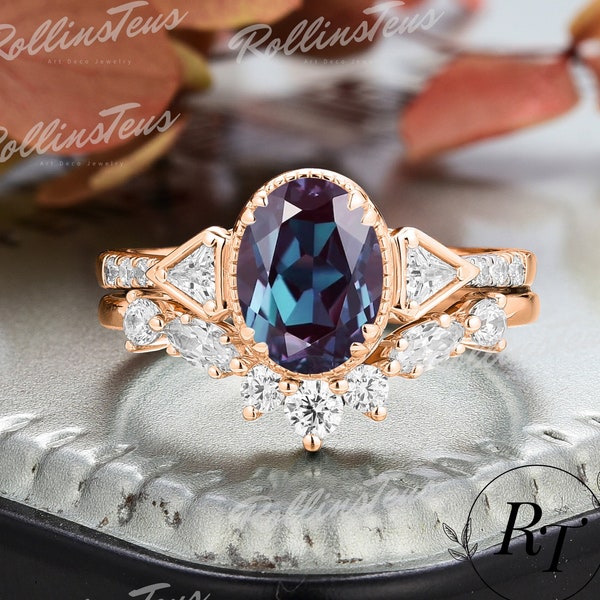 Oval Shape Alexandrite Engagement Ring Sets Change Color Stone Bridal Sets Solid Rose Gold Ring Anniversary Gifts Moissanite Handmade Ring