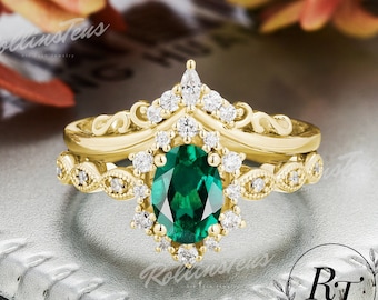 Forma ovalada Conjuntos de anillos de compromiso de esmeralda verde Oro sólido Moissanite Alianza de bodas Halo Conjuntos nupciales Regalos de aniversario Anillo giratorio Anillo hecho a mano