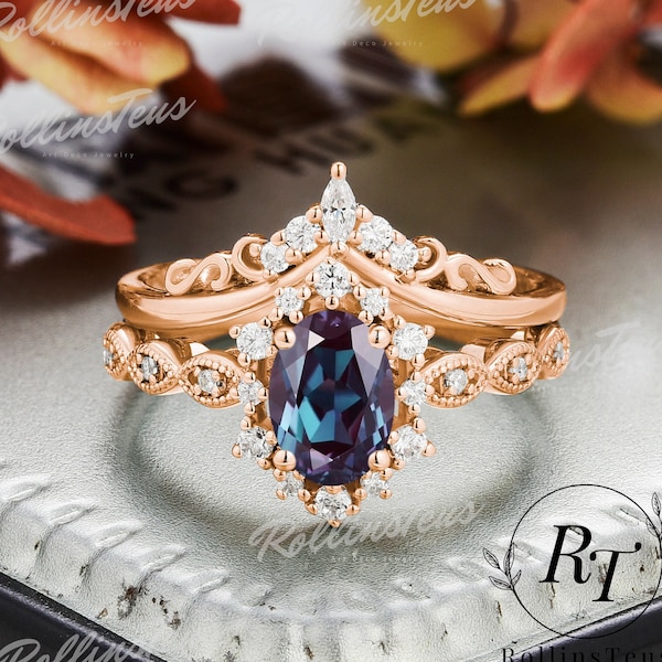 Oval Shape Alexandrite Engagement Ring Sets Moissanite Wedding Band Bridal Sets Change Color Stone Gemstone Ring Twist Ring Handmade Ring