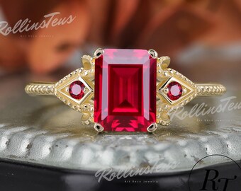 Vintage emerald cut red ruby engagement ring Solid yellow gold wedding ring Twist bridal ring Promise handmade ring July Birthstone for wife