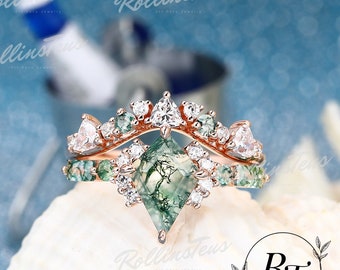 Bague en agate mousse naturelle taillée avec cerf-volant Ensembles de mariée Bague en moissanite Bague d&#39;anniversaire Alliance Bague de promesse Bague en argent sterling 925