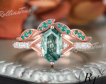 Hexagon Cut Natural Moss Agate Bridal Sets, 14K Gold Art Deco Ring Set, Vintage May Birthstone Promise Ring Set, Handmade Jewelry For Wife
