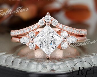 Bague de fiançailles en moissanite coupe princesse, cadeaux d&#39;anniversaire, ensembles de mariée vintage en or massif, bague en grappe de moissanite faite à la main, bande assortie