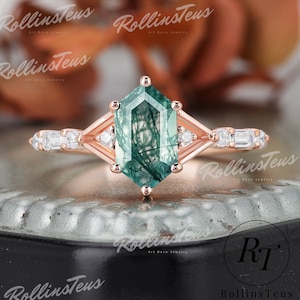 Vintage Long Hexagon Cut Moss Agate Engagement Ring Solid Gold Ring Moissanite Cluster Ring Anniversary Gifts Gemstone Ring Handmade Ring