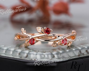 Vintage Red Ruby Wedding Band Stacking Band Natural Inspired Leaf Ring Anniversary Gift Matching Band Twist Ring Handmade Ring For Women