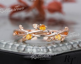 Natural Citrine Ring Wedding Band Three Stones Matching Ring Natural Inspired Leaf Ring Anniversary Gift Stacking Band Twist Curved Ring