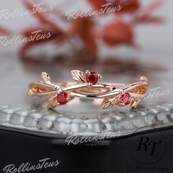 Vintage Roter Rubin Ehering Stapelring Natur inspirierter Blattring Jahrestag Geschenk passendes Band Twist Ring Handgefertigter Ring für Frauen