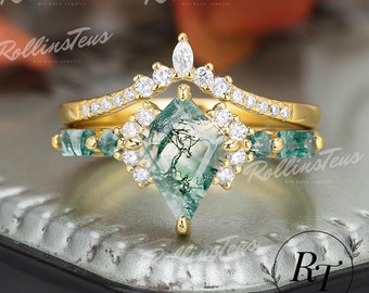 Ensembles de bagues de fiançailles en agate mousse naturelle taillée comme un cerf-volant Ensembles de bagues de mariage en agate mousse moissanite et en agate mousse Cadeaux d&#39;anniversaire Bague faite main