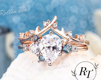 Pear Cut 1.5ct Simulated Diamond Ring Bridal Sets Anniversary Band Promise Ring Natural Moss Agate Engagement Ring Set Wedding Band Sets