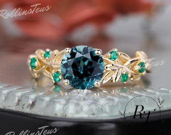 Round Cut Teal Sapphire Engagement Ring Twist Ring Anniversary Gifts 14K Solid Yellow Gold Unique Natural Inspired Leaf Ring Handmade Ring