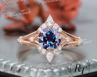Round Cut Alexandrite Engagement Moissanite Wedding Ring Halo Ring Prong Set Vintage Design Handmade Ring Anniversary Gift For Her