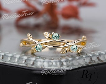Natur-Moos-Achat-Ring, Ehering, passender Ring, Jahrestagsgeschenk, Stapelring, massives Gelbgold, Natur inspirierter Blattring, handgefertigter Ring