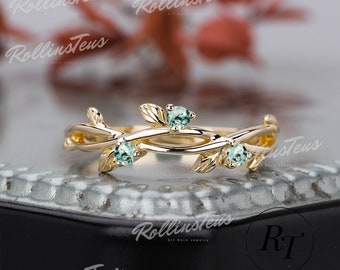 Natur Moosachat Ring Ehering Passender Ring Jubiläum Geschenk Stapelring Gelbgold Natur Inspiriert Blatt Ring Handgemachter Ring