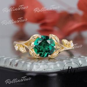 Round shape emerald engagement ring Green gemstone bridal ring Unique May Birthstone wedding ring Nature inspired leaf handmade ring for her
