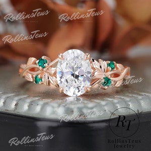 Oval Shape Moissanite Engagement Ring Vintage Natural Inspired Leaf Ring Unique Twist Bridal Ring Anniversary Gifts Emerald Cluster Ring