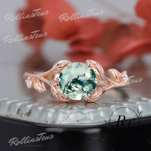 Round Cut Nature Moss Agate Engagement Ring Handmade Ring For Her 14K Solid Rose Gold Ring Natural Inspired Leaf Ring Anniversary Gifts