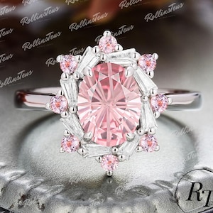 Unique Firework cut lab pink sapphire engagement ring Unique pink sapphire & moissanite halo bridal ring Solid white gold handmade ring