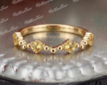Natural Citrine Wedding Band, Solid 14K Gold Handmade Matching Band, Unique Birthstone Wedding Jewellry For Women, Vintage Promise Ring