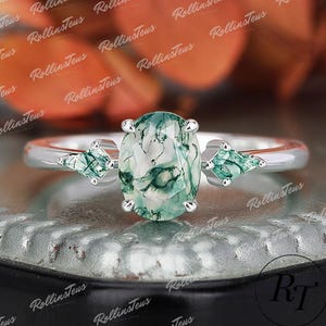 Unique solid gold bridal ring Oval shape natural moss agate engagement ring Vintage aquatic agate wedding ring Anniversary handmade ring