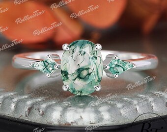 Unique solid gold bridal ring Oval shape natural moss agate engagement ring Vintage aquatic agate wedding ring Anniversary handmade ring