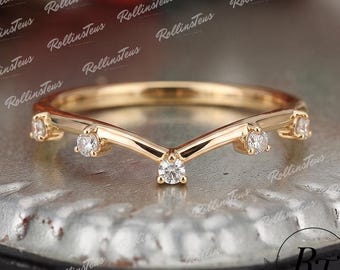 Round Lab Grown Diamond Wedding Band, Unique 14K Solid Yellow Gold Matching Band, Delicate Promise Curved Band, Anniversary Ring For Wife