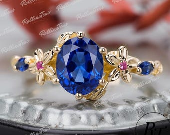 Oval Shape Blue Sapphire Engagement Ring, 14K Solid Yellow Gold Bridal Jewellry, Art Deco Flowery Handmade Gifts, Wedding Ring For Women