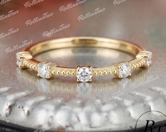 Delicate Milgrain Solid Gold Wedding Band, Round Lab Grown Diamond Anniversary Ring, Promise Stacking Ring For Women, Handmade Birthday Gift