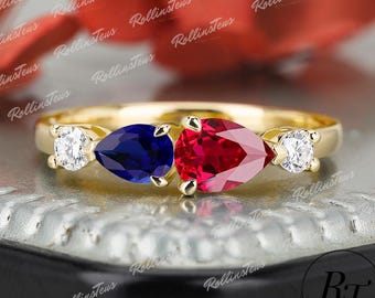 Vintage Solid 14K Gold Birthstone Wedding Jewellry, Pear Firework Cut Blue Sapphire Engagement Ring, Moissanite & Padparadscha Promise Ring