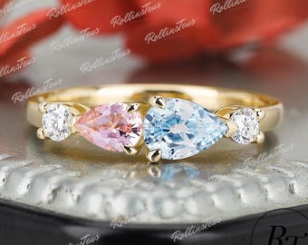 Teardrop Shape Natural Aquamarine Promise Ring, Solid Yellow Gold Handmade Jewellry, Vintage Double Stone Ring Morganite Anniversary Ring