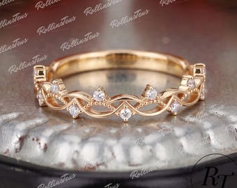 Tiny Round Lab Grown Diamond Milgrain Wedding Band, Solid Yellow Gold Lace Stacking Ring, Hollow Wave Dainty Band, Delicate Ring for Her