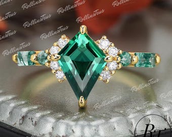 Solid Yellow Gold Handmade Jewellry, Kite Shape Green Emerald Engagement Ring, Moissanite & Moss Agate Bridal Ring, Anniversary Gift For Her