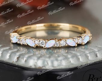 Marquise Cut Opal Wedding Band, Solid 14k Yellow Gold Handmade Jewellry, Moissanite Art Deco Promise Ring, Anniversary Gifts For Women