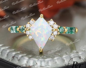 Vintage Kite Cut Opal Engagement Ring, 14K Solid Gold Wedding Jewellry, Moissanite Art Deco Promise Ring For Women, Handmade Jewellry