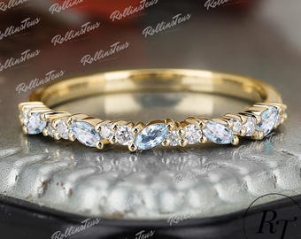 Natural Aquamarine Wedding Band 10K / 14K / 18K Solid Gold Engagement Band Moissanite Matching Band Anniversary Gifts Handmade Jewelry