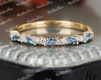 14K Solid Gold Wedding Jewellry, Natural London Blue Topaz Promise Ring, Art Deco Handmade Wedding Band For Wife, Delicate Daily Jewellry