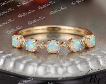Round Opal Solid Gold Wedding Band, Vintage Lab Grown Diamond Anniversary Ring For Women, Delicate Handmade Jewellry, Promise Ring For Wife